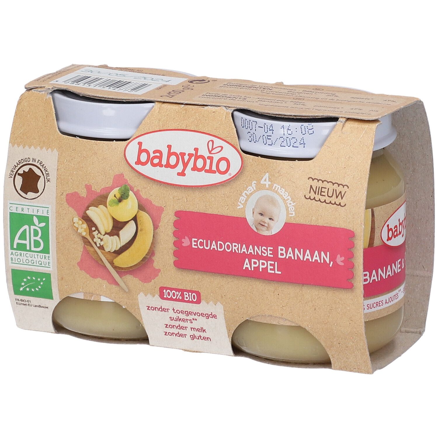 Babybio, purée banane pomme, 4 mois. Pack de 4 pots. Label AB bio. Inscription: 100% BIO. Sans sucres ajoutés, sans lait, sans gluten.