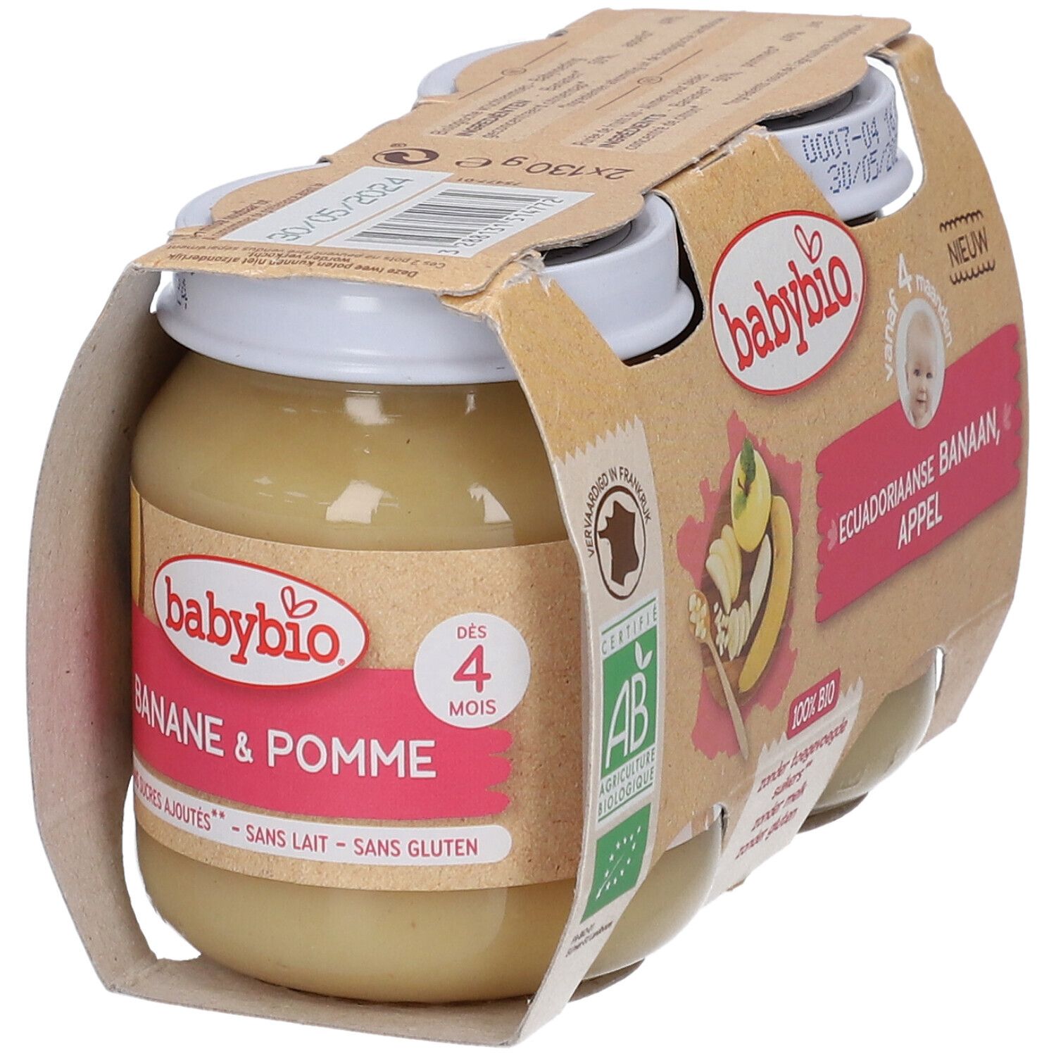 Babybio, purée banane pomme, 4 mois. Pack de 2 pots. Label AB bio. Inscription: 100% BIO. Sans sucres ajoutés, sans lait, sans gluten.