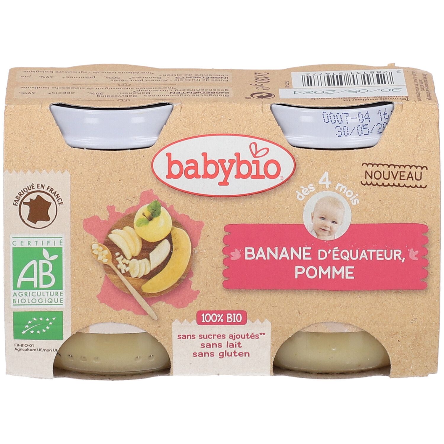Babybio, purée banane pomme, 4 mois. Pack de 2 pots. Label AB bio. Inscription: 100% BIO. Sans sucres ajoutés, sans lait, sans gluten.