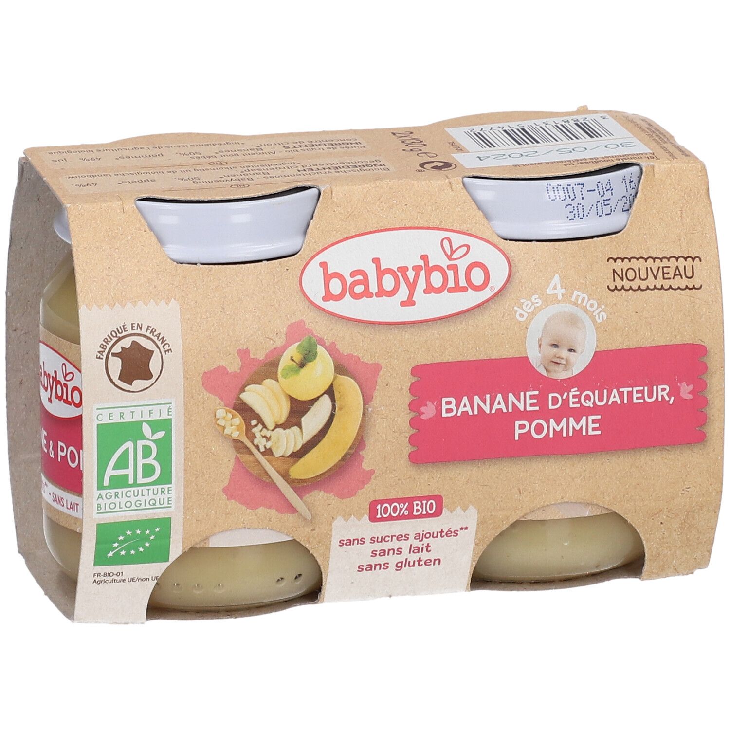 Babybio, purée banane pomme, 4 mois. Pack de 4 pots. Label AB bio. Inscription: 100% BIO. Sans sucres ajoutés, sans lait, sans gluten.