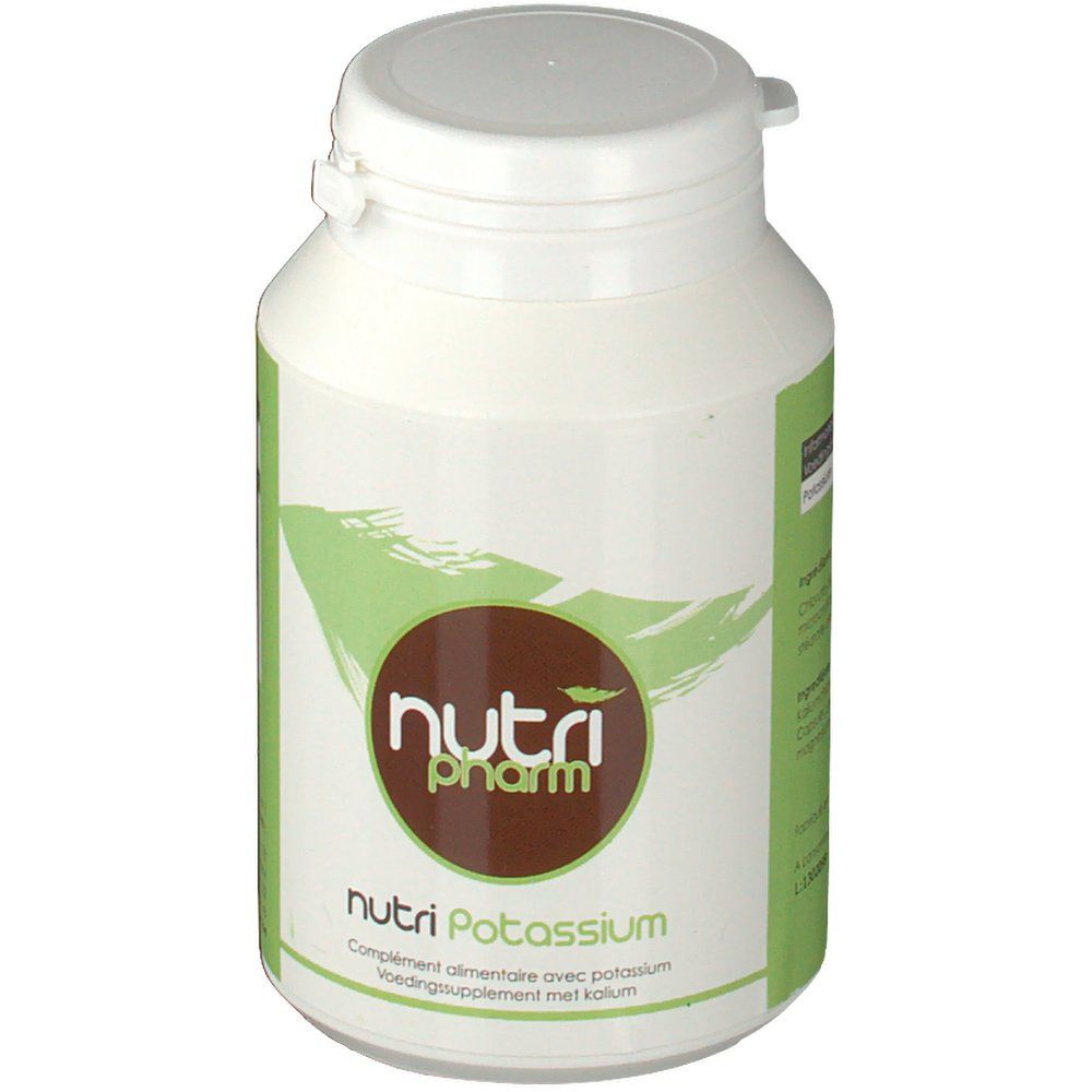 Weiße Flasche mit grünem Etikett. Aufschrift: Nutri Pharm, Nutri Potassium. Braunes Logo.