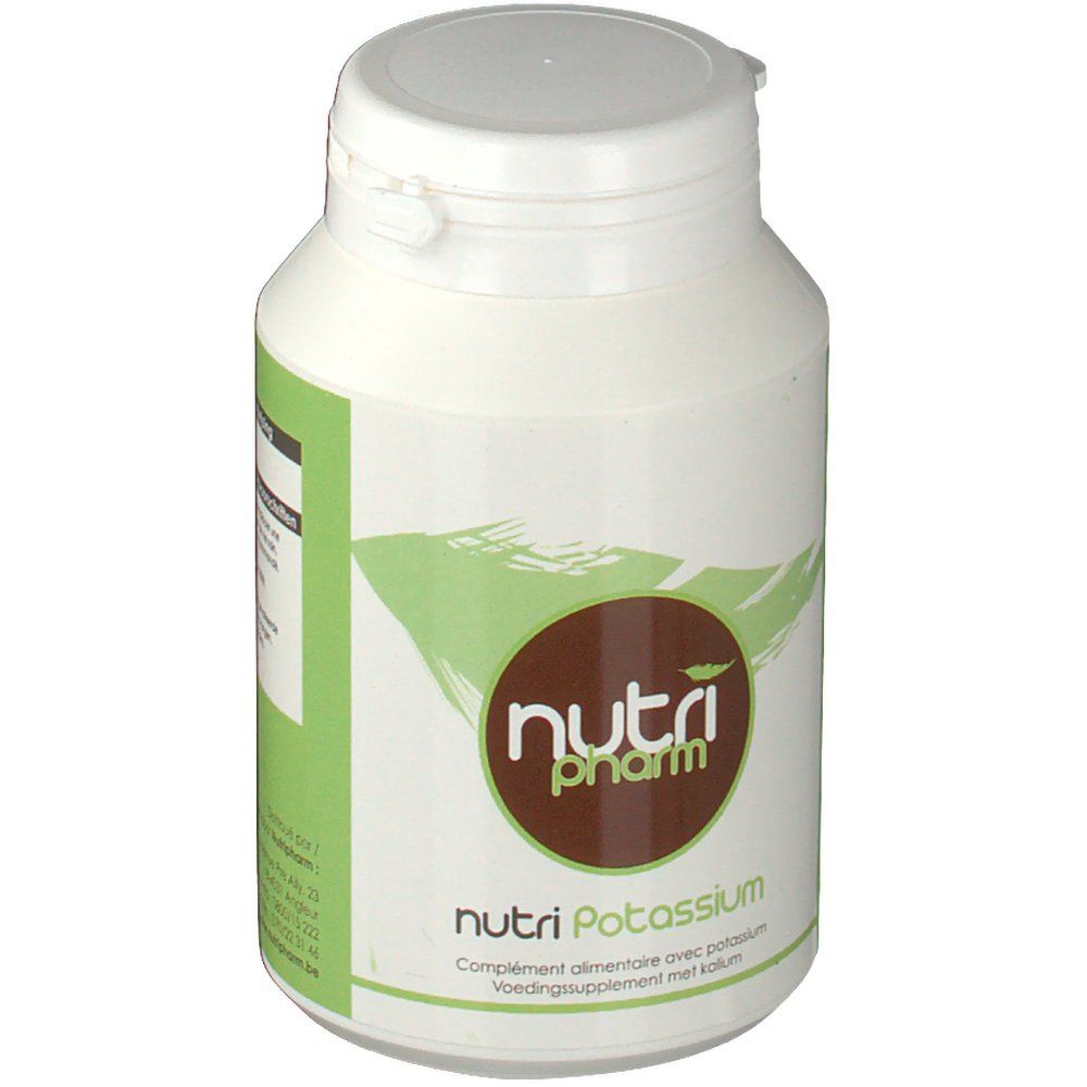 Weiße Flasche mit grünem Etikett. Aufschrift: Nutri Pharm, Nutri Potassium. Braunes Logo.