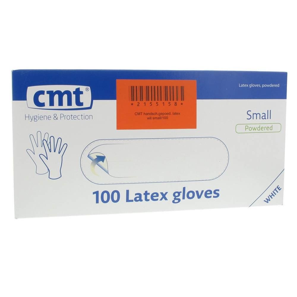 Verpackung mit 100 Latex-Handschuhen, weiß, Größe Small, von CMT. Mit Barcode-Etikett.