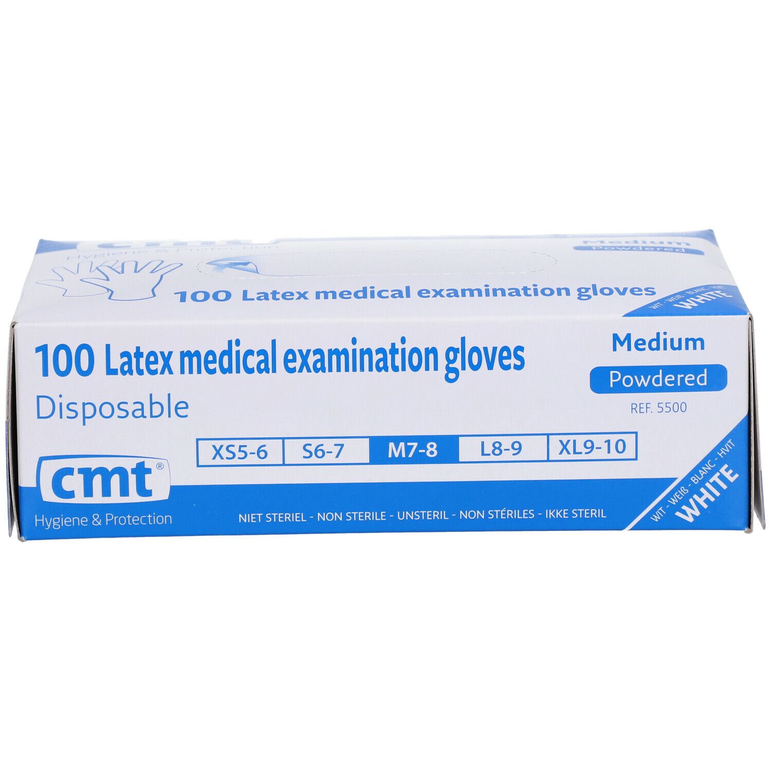 Schachtel mit weißen Latex-Untersuchungshandschuhen. Marke: CMT. Größe Medium, puderhaltig.