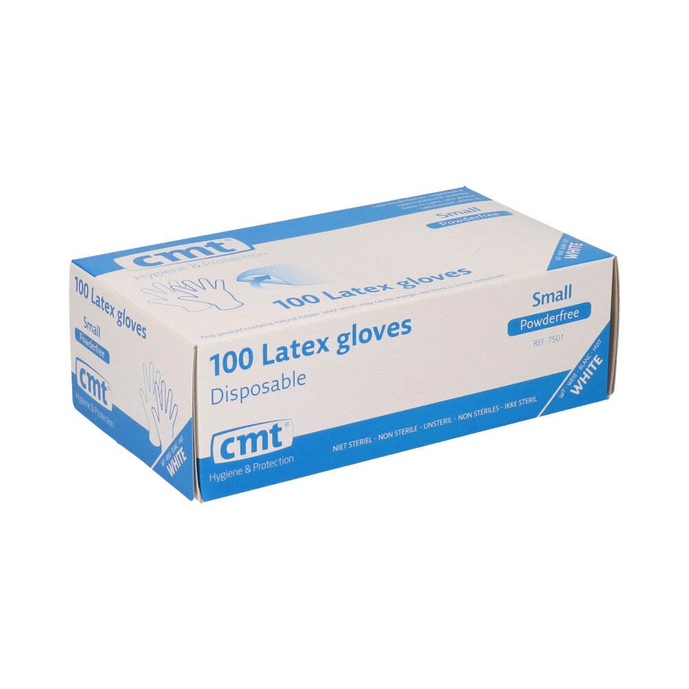 Boîte blanche de gants d'examen médicaux. Marque CMT, 100 pièces, taille Small, sans poudre.