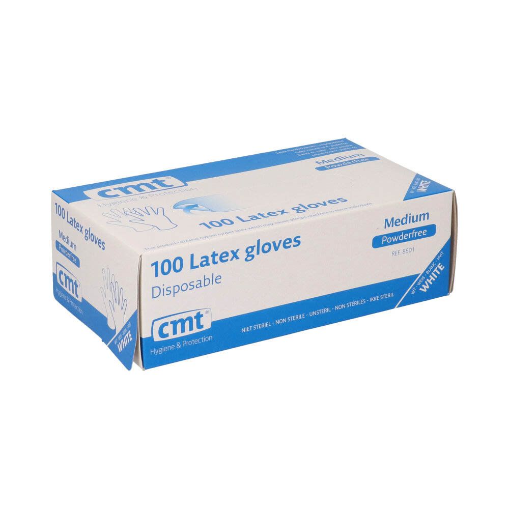 Weiße Box mit 'cmt' Logo. 100 Latex-Handschuhe, puderfrei, Medium. Größen: XS-XL. 'WHITE'.