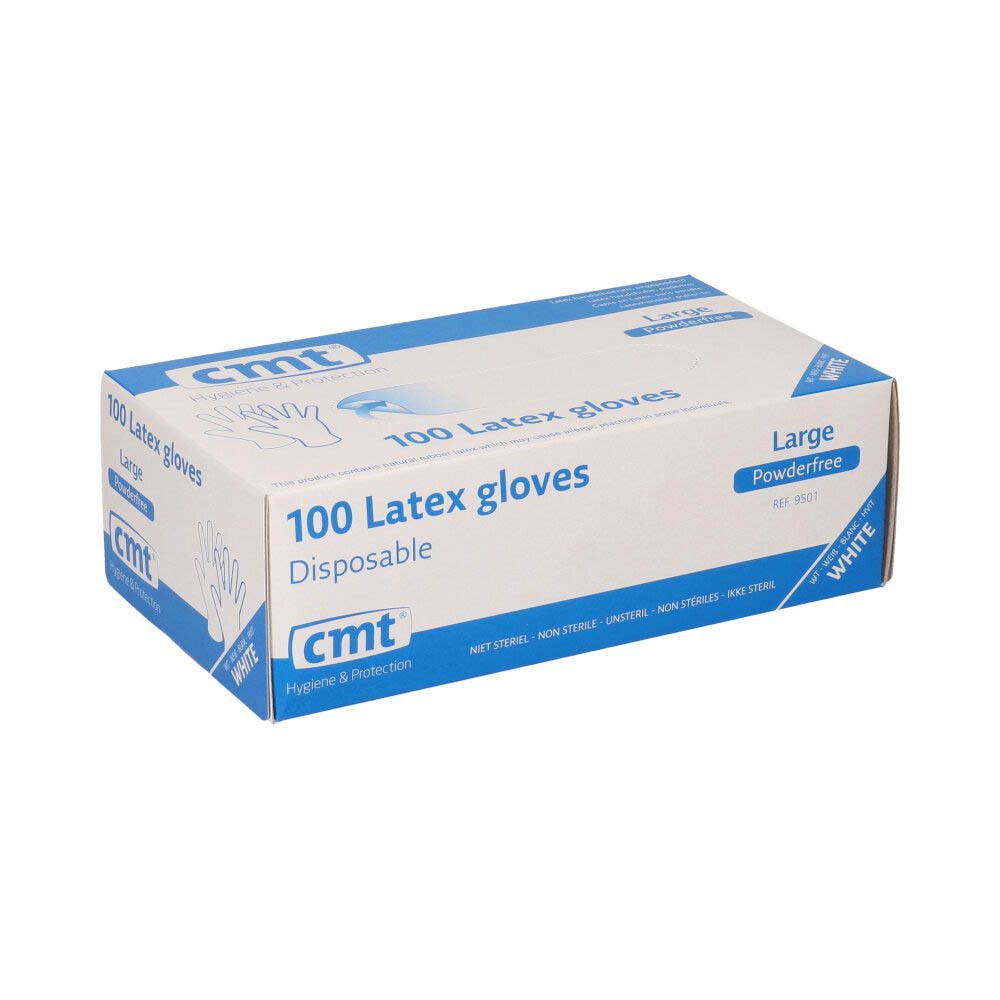 Weiße Box mit 100 Latex-Handschuhen, puderfrei, Large. Marke: cmt.