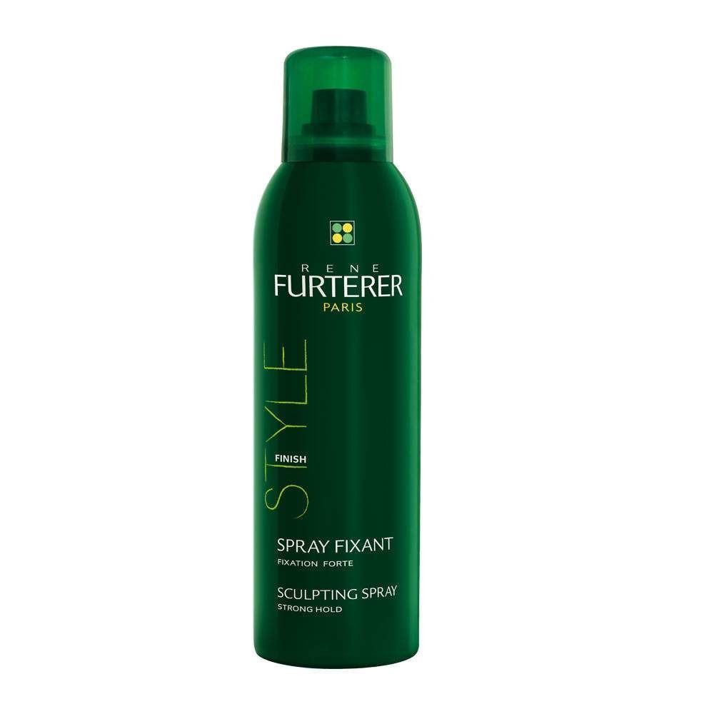 Grüne Sprühflasche. Oben grüner Sprühkopf. Aufschrift: Rene Furterer Paris, Style, Spray Fixant, Sculpting Spray.