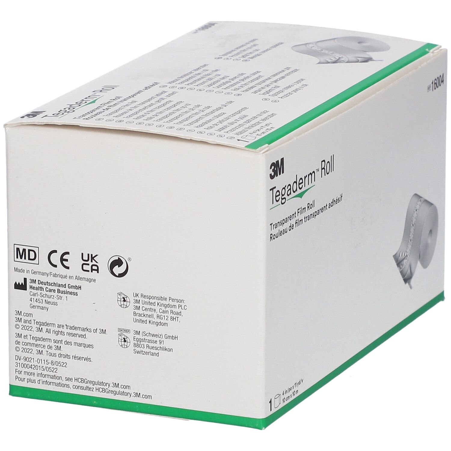 Karton Tegaderm™ Roll. Aufdrucke: 3M, Transparent Film Roll, 16004. Produktinformationen und Logos.