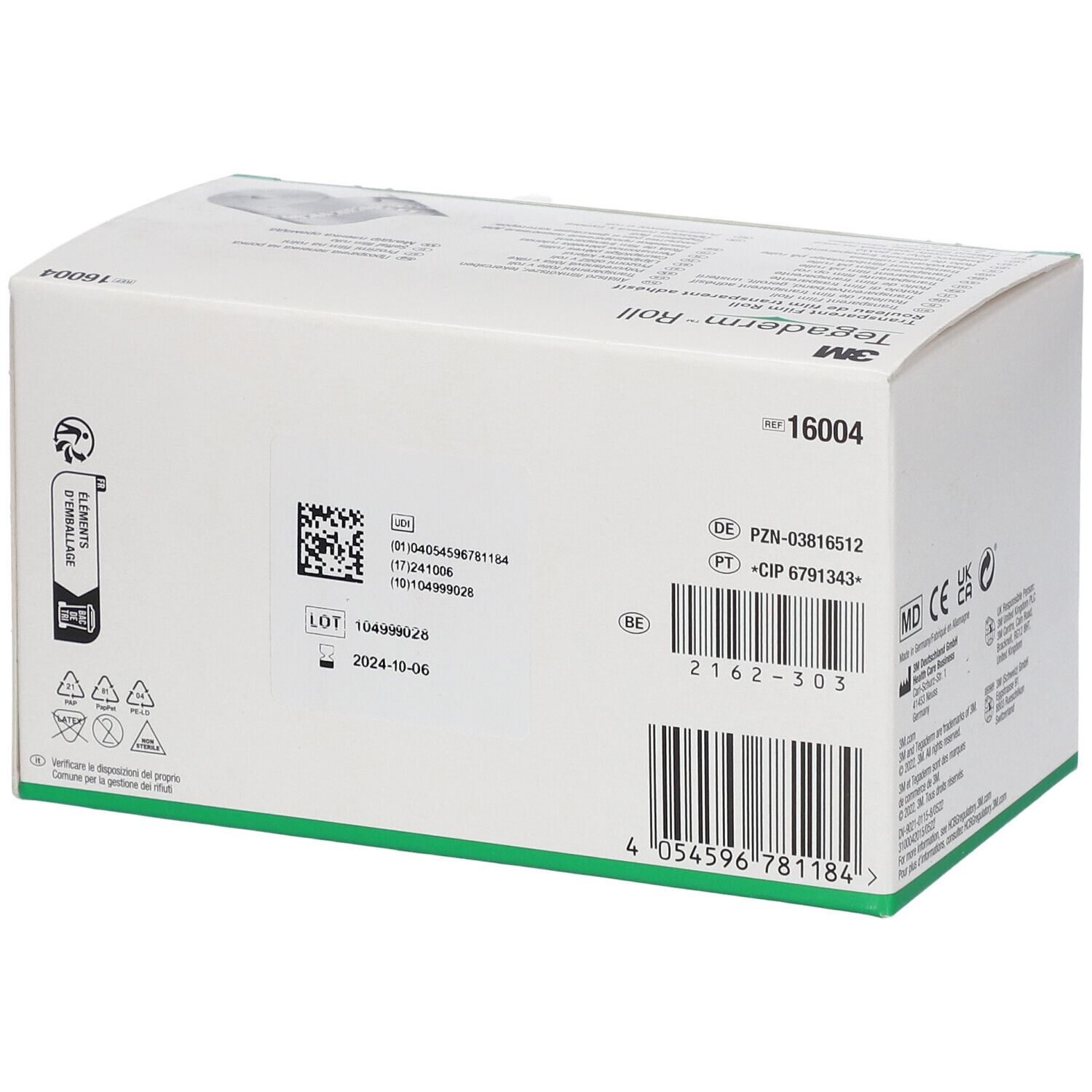 Karton Tegaderm™ Roll. Aufdrucke: 3M, 16004, Chargennummer, Verfallsdatum, Barcode.