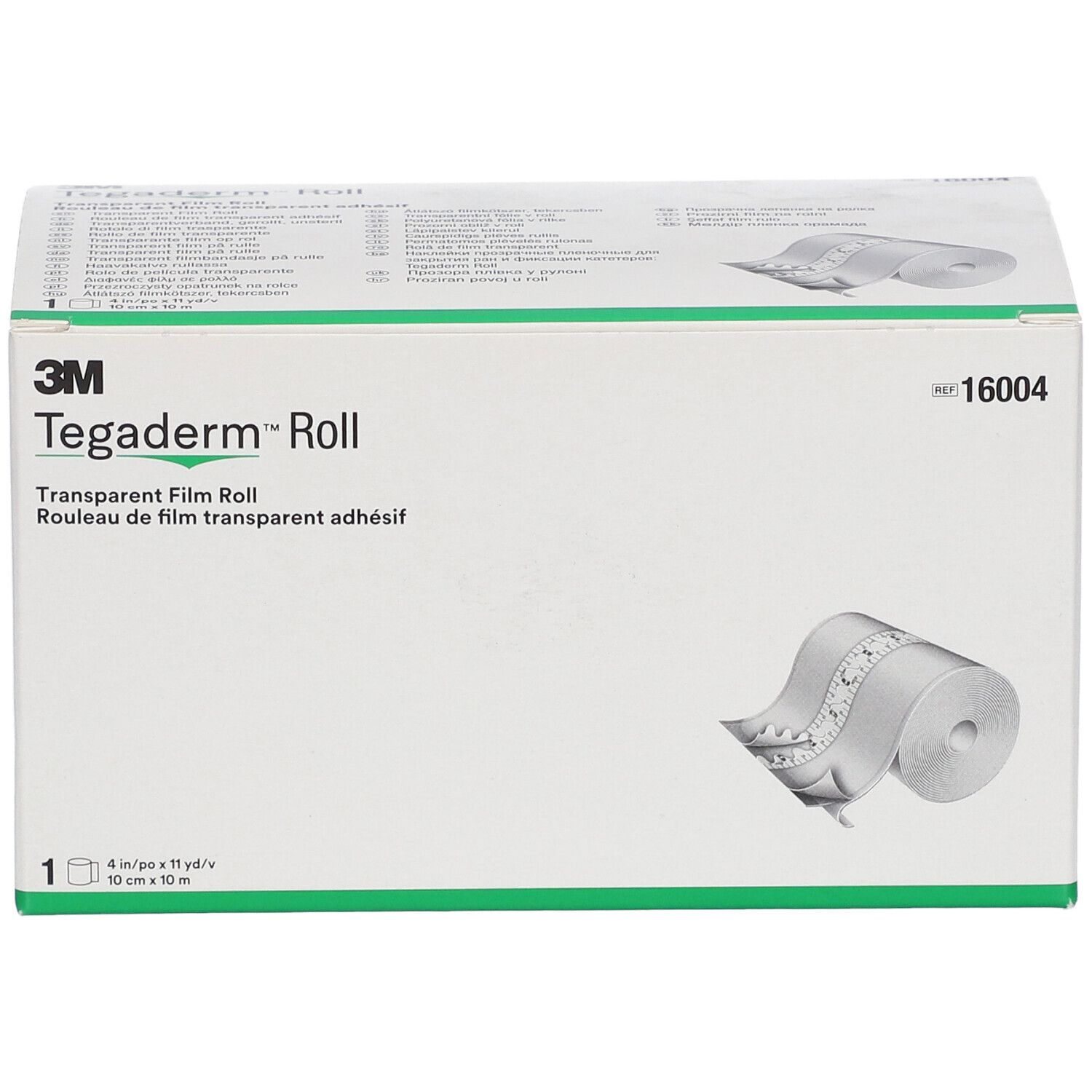 Karton Tegaderm™ Roll. Aufdrucke: 3M, Transparent Film Roll, 16004. Rolle transparentem Film.