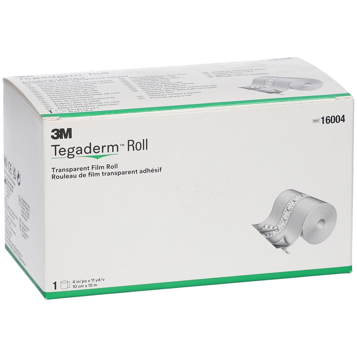 Karton Tegaderm™ Roll. Aufdrucke: 3M, Transparent Film Roll, 16004. Rolle transparentem Film.