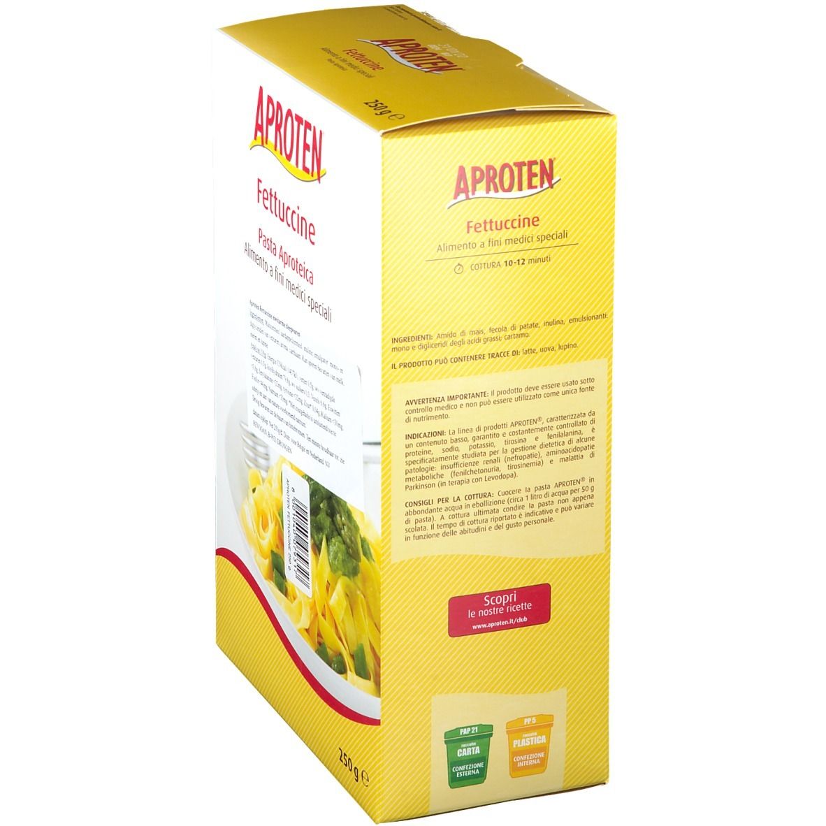 Boîte en carton jaune APROTEN Fettuccine. Inscriptions : nom du produit, ingrédients, informations nutritionnelles. 250g.