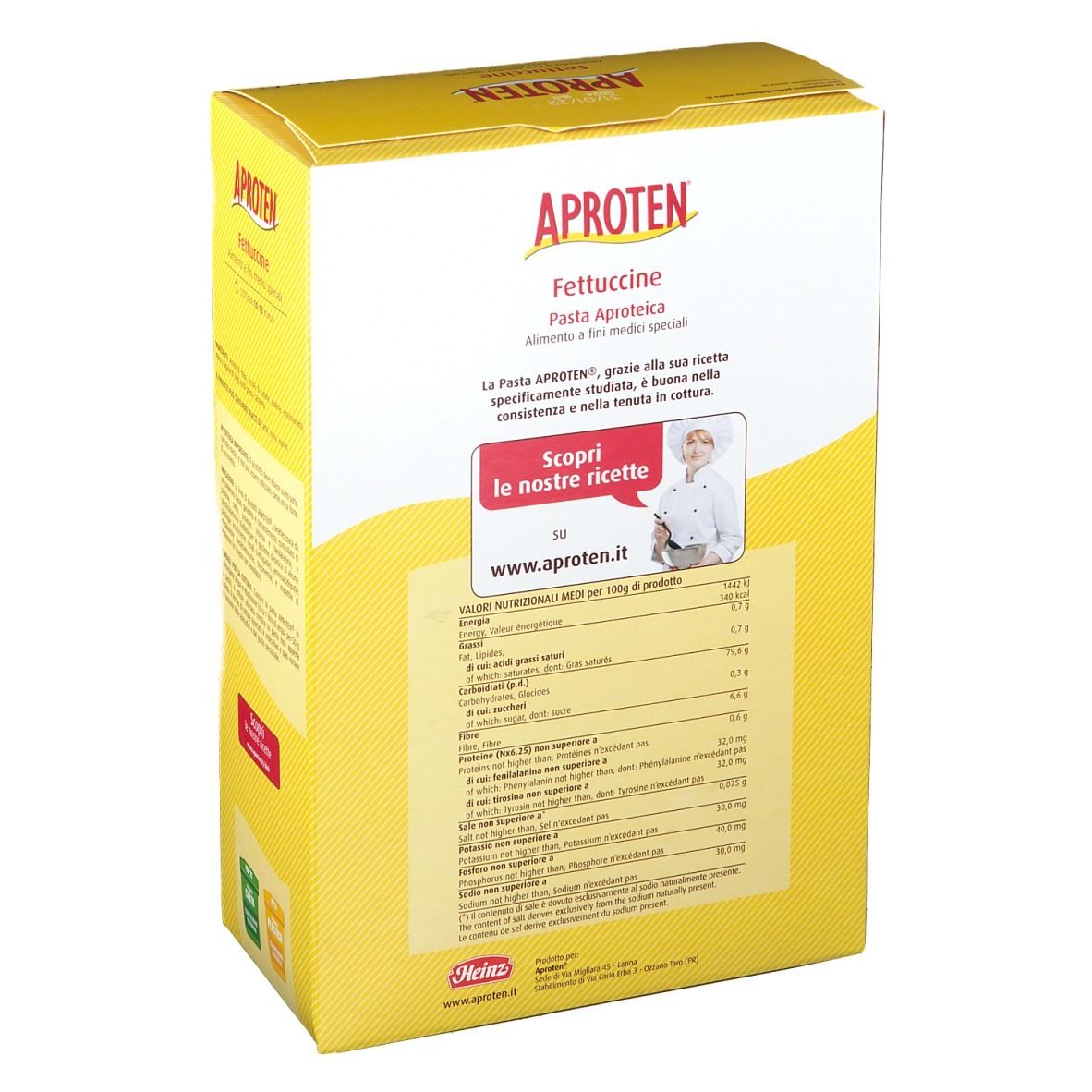 Dos de la boîte en carton jaune APROTEN Fettuccine. Informations nutritionnelles et informations sur le produit.