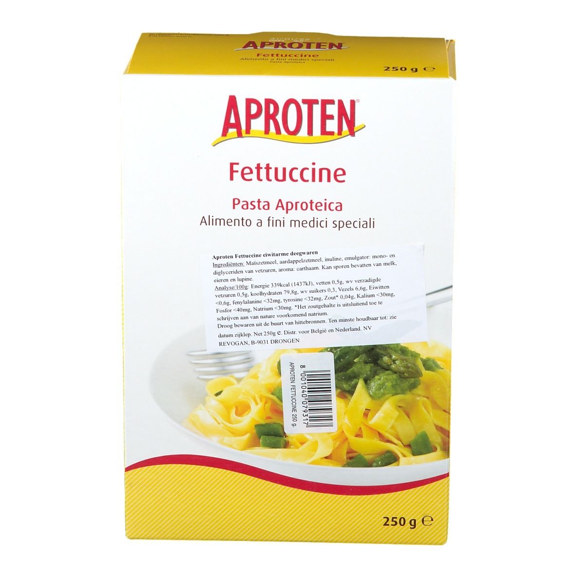 Face avant de la boîte en carton jaune APROTEN Fettuccine. Nom du produit, informations nutritionnelles et image de pâtes.