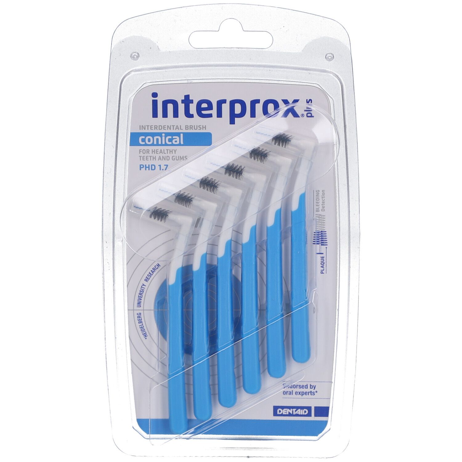 Blisterpackung mit blauen, konischen Interdentalbürsten. Schwarze Borsten, weißer Bürstenkopf. PHD 1.7. Marke: Interprox.