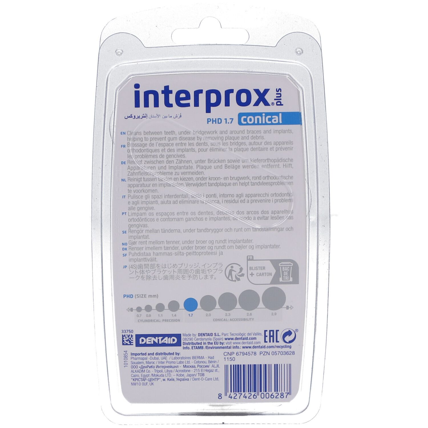 Rückseite der Blisterpackung mit Produktinformationen. Diagramm zur Größenbestimmung. Marke: Interprox.