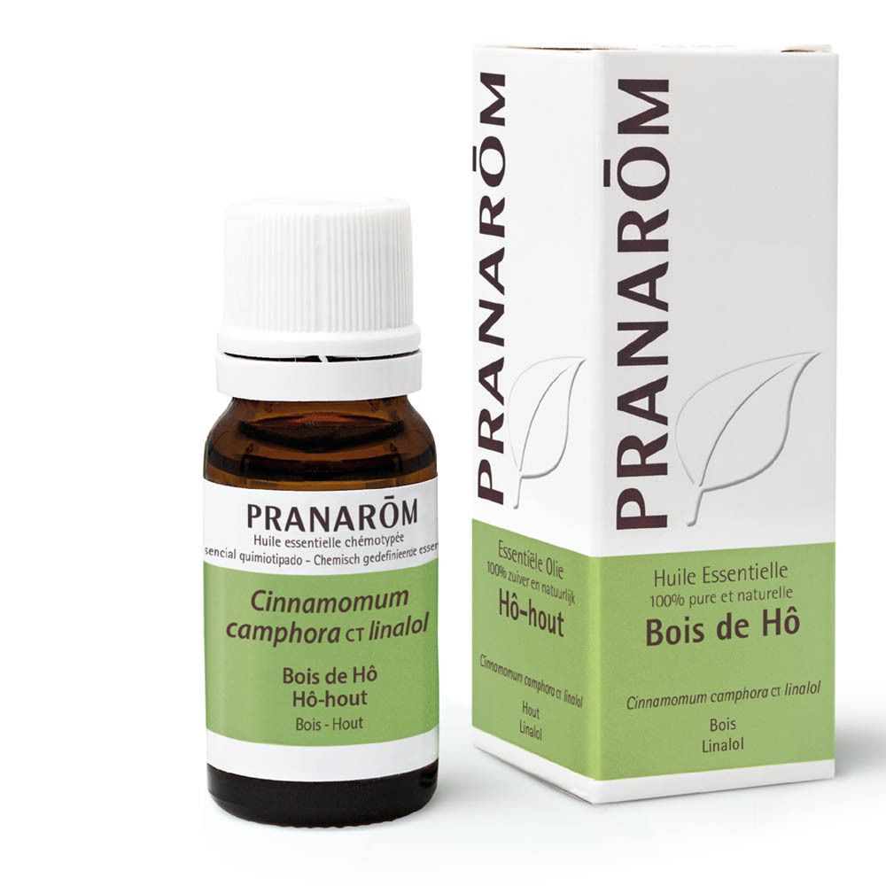 Braune Glasflasche und Karton. Beide mit PRANAROM-Logo und Produktbezeichnung. Flasche mit weißem Deckel.