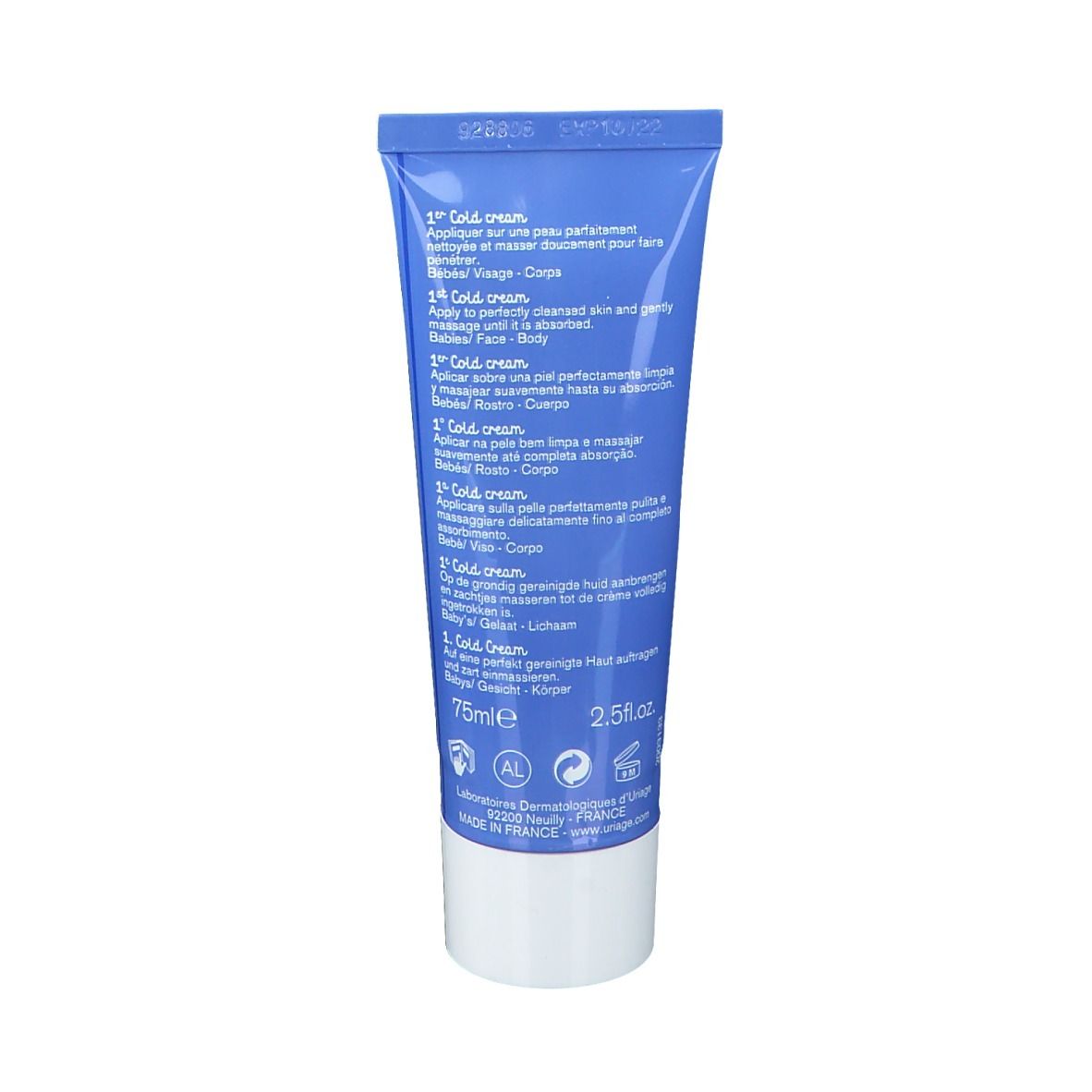 Dos du tube bleu. Texte multilingue, dont '1st Cold cream'. Contient des informations sur l'utilisation et les ingrédients.