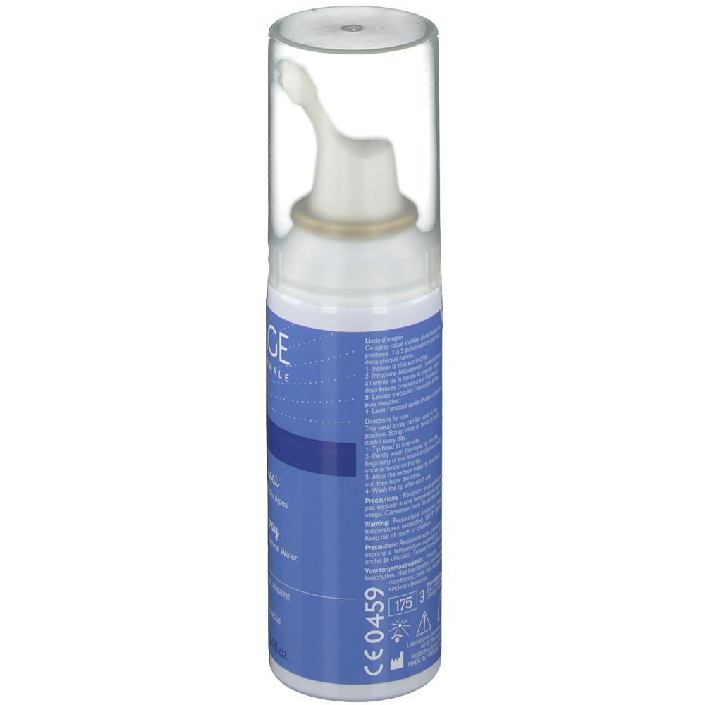 Nasenspray mit transparenter Kappe. Blaue Etikett mit Text. CE-Kennzeichnung.