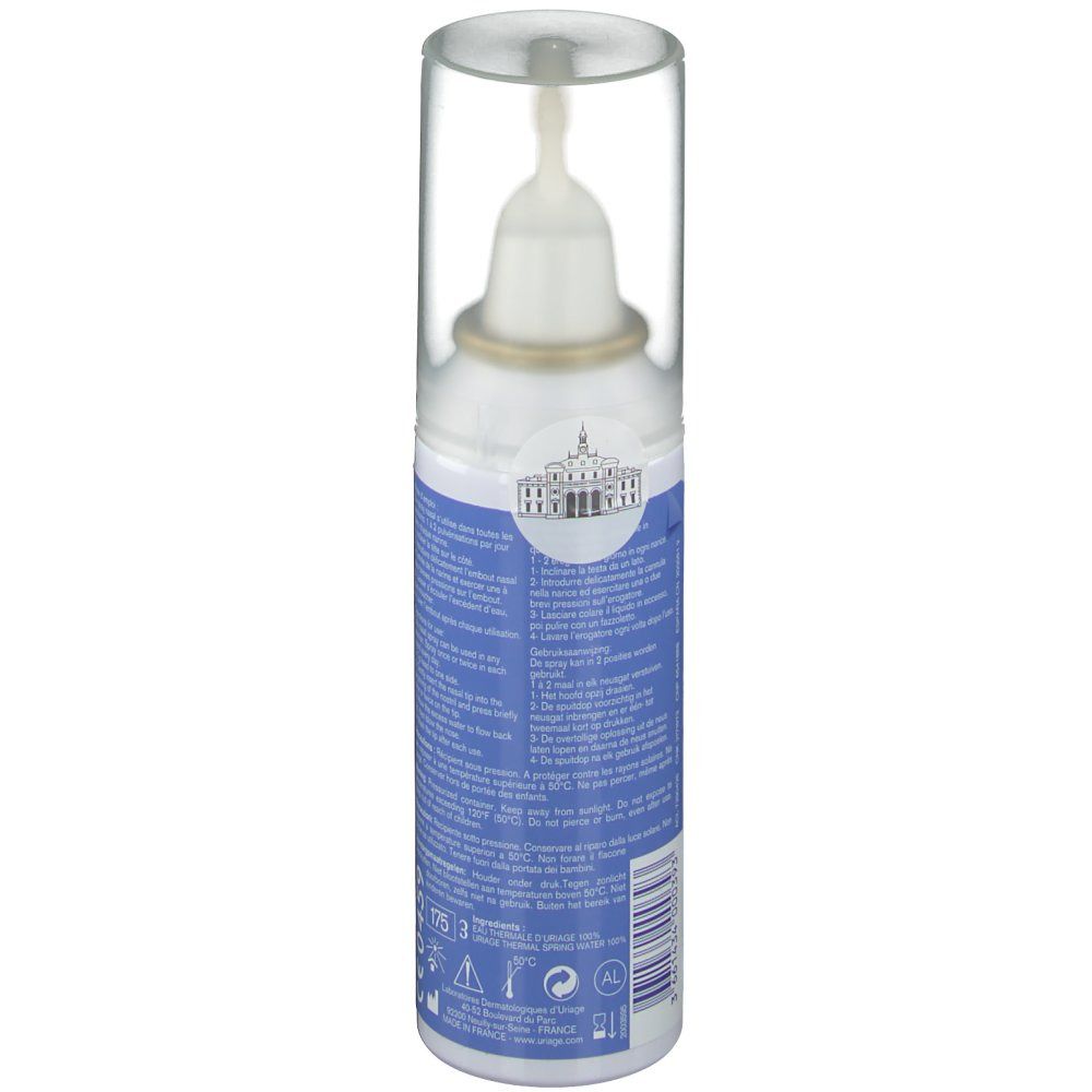 Nasenspray mit transparenter Kappe. Blaues Etikett mit Text und Logo. CE-Kennzeichnung.