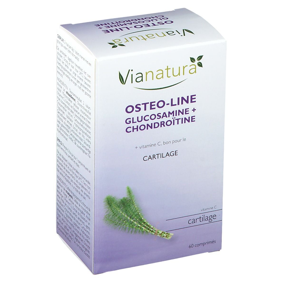 Weißer Karton mit Vianatura-Logo und Produktbezeichnung Osteo-Line. Enthält Glucosamin, Chondroitin und Vitamin C. 60 Tabletten.