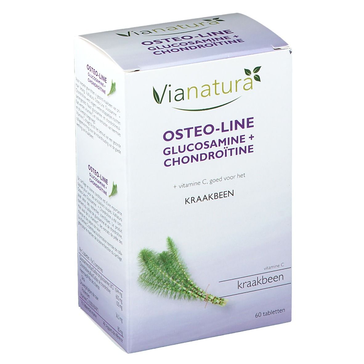 Weißer Karton mit Vianatura-Logo und Produktbezeichnung Osteo-Line. Enthält Glucosamin, Chondroitin und Vitamin C. 60 Tabletten.