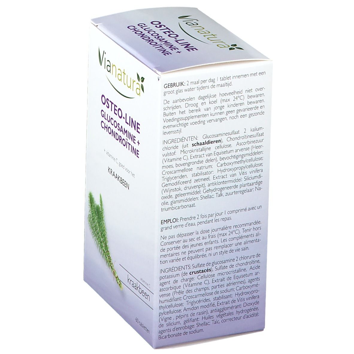 Rückseite der weißen Kartonverpackung. Textinformationen zu Osteo-Line, Inhaltsstoffen und Anwendung. Enthält Glucosamin und Chondroitin.