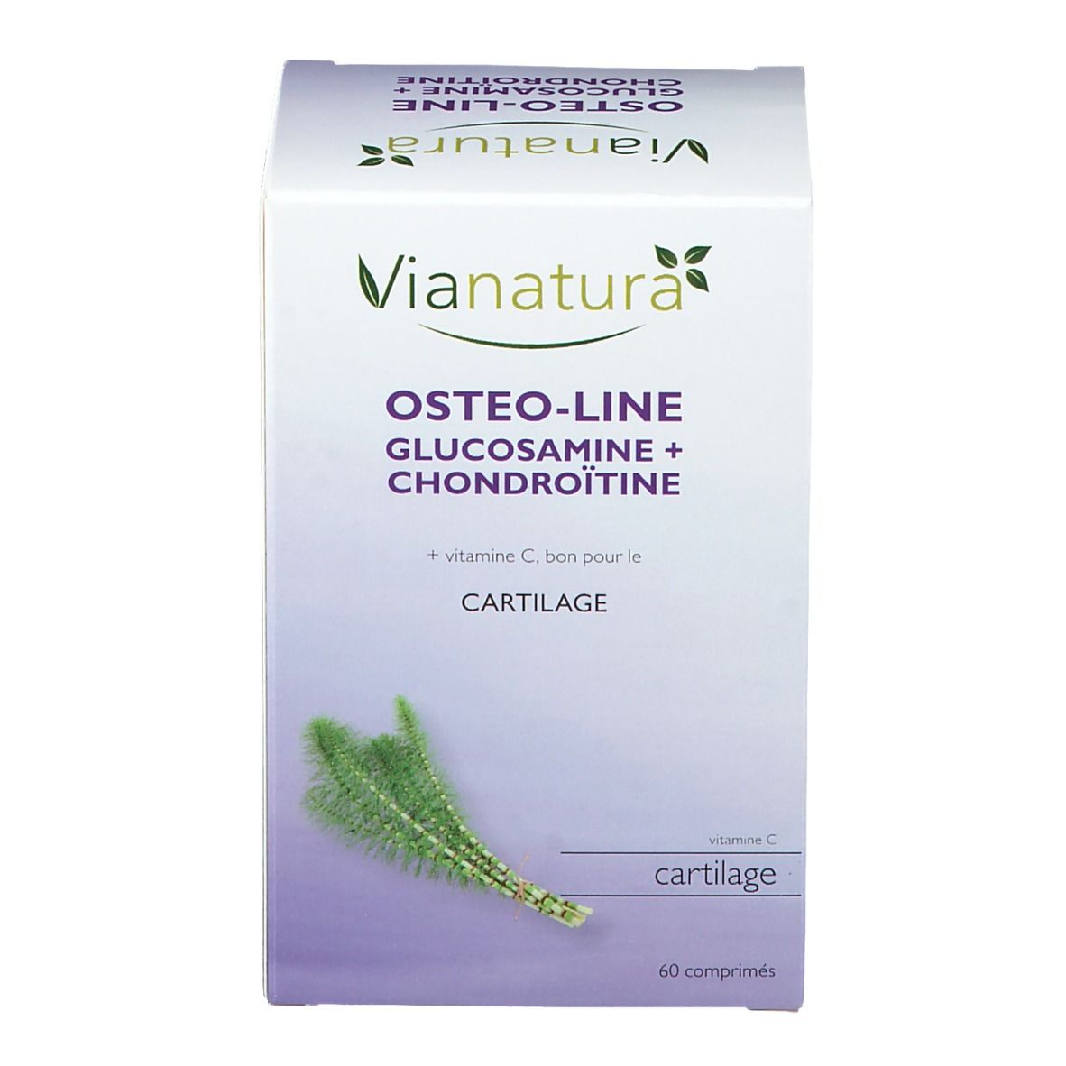 Weißer Karton mit Vianatura-Logo und Produktbezeichnung Osteo-Line. Enthält Glucosamin, Chondroitin und Vitamin C. 60 Tabletten.