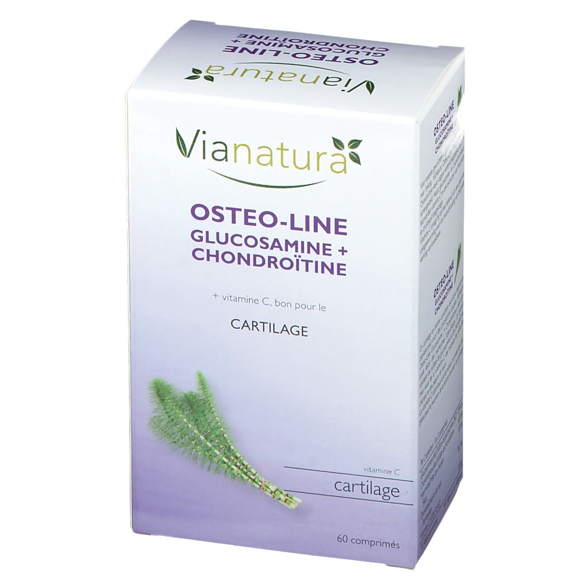 Weißer Karton mit Vianatura-Logo und Produktbezeichnung Osteo-Line. Enthält Glucosamin, Chondroitin und Vitamin C. 60 Tabletten.