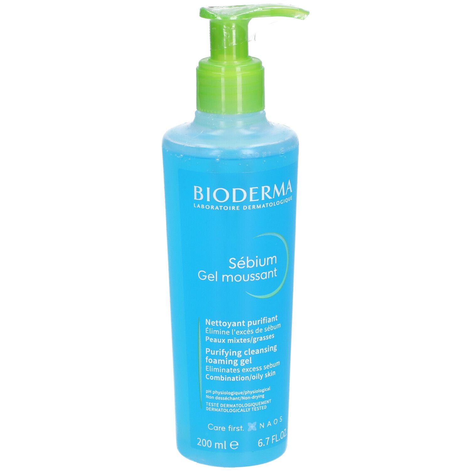 Blau-transparente Flasche mit grünem Pumpkopf. Aufschrift: BIODERMA, Sébium Gel moussant. Text in Französisch und Englisch. 200 ml.