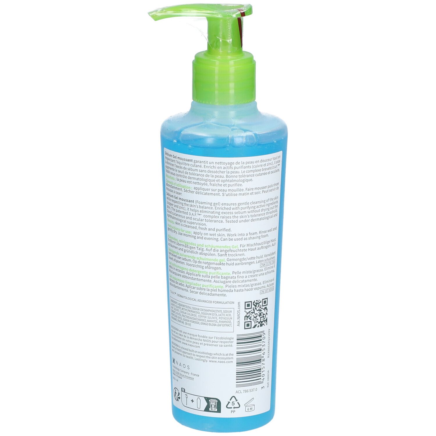 Rückseite der blauen Flasche mit grünem Pumpkopf. Text in mehreren Sprachen und QR-Code. Produktname: BIODERMA Sébium Gel moussant.