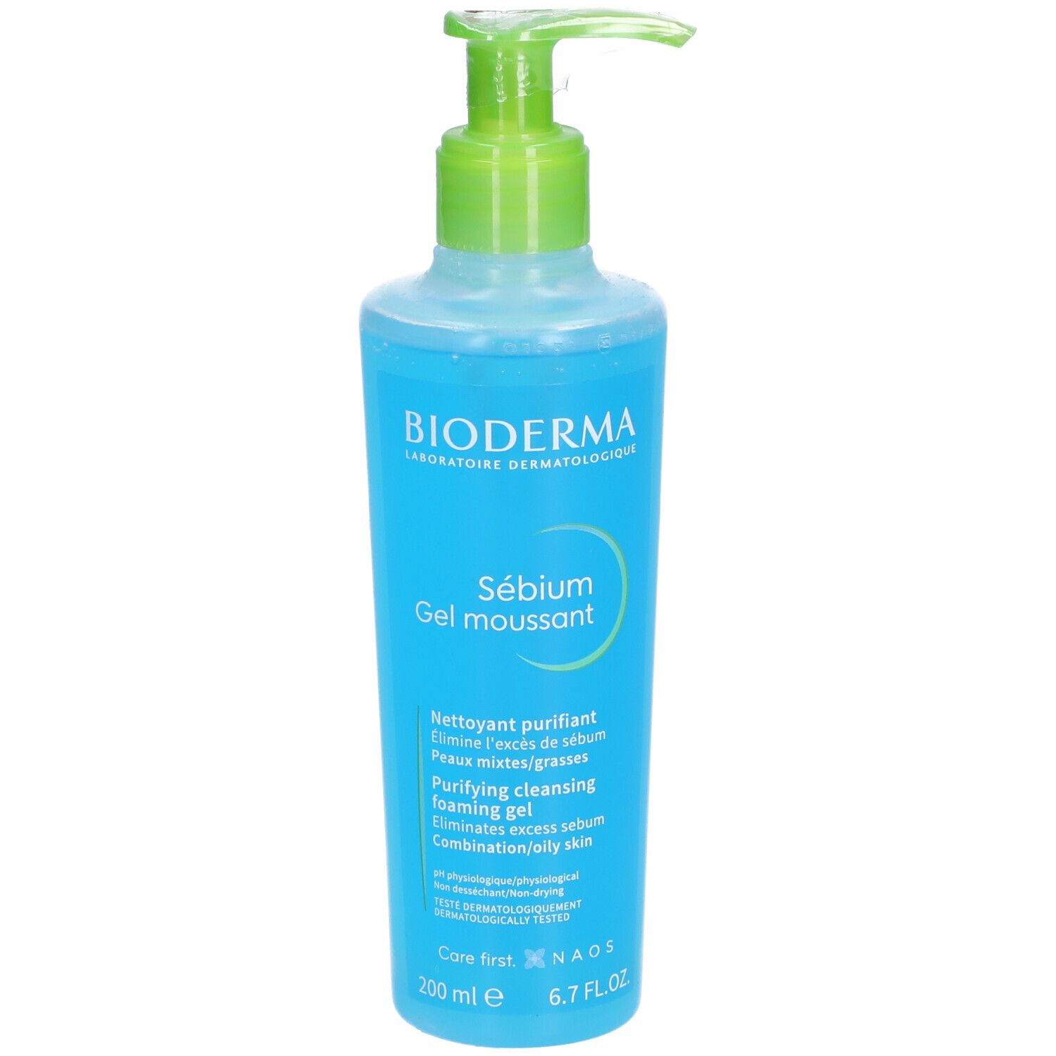 Blau-transparente Flasche mit grünem Pumpkopf. Aufschrift: BIODERMA, Sébium Gel moussant. Text in Französisch und Englisch. 200 ml.