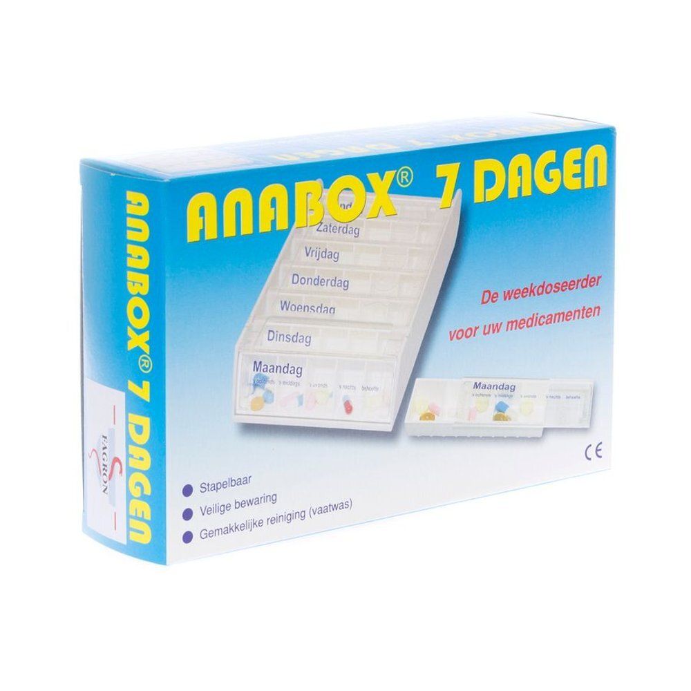 Boîte bleue et jaune avec le nom du produit Anabox 7 DAGEN. Contient un pilulier blanc avec les jours de la semaine.