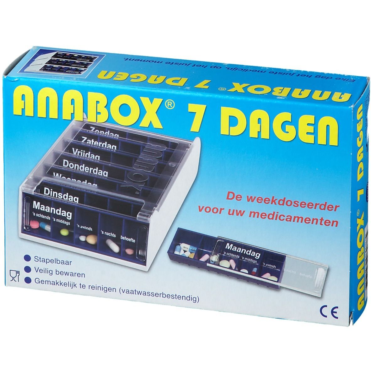 Pilulier Anabox 7 jours bleu et blanc. Sept compartiments avec les jours de la semaine. Inscription : "Anabox 7 Dagen".