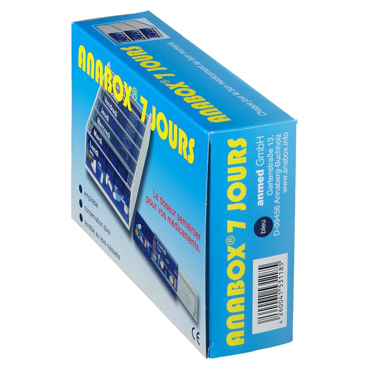 Blaue Verpackung mit dem Produktnamen ANABOX® 7 JOURS. Aufgedruckt sind Wochentage und Logos.