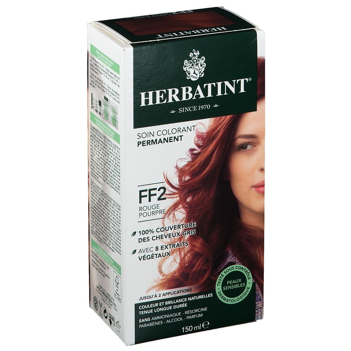 Boîte HERBATINT® FF2 Rouge Pourpre. Soin colorant permanent. Femme aux cheveux rouges. 100% couverture des cheveux gris. 8 extraits végétaux. 150ml. Peaux sensibles.