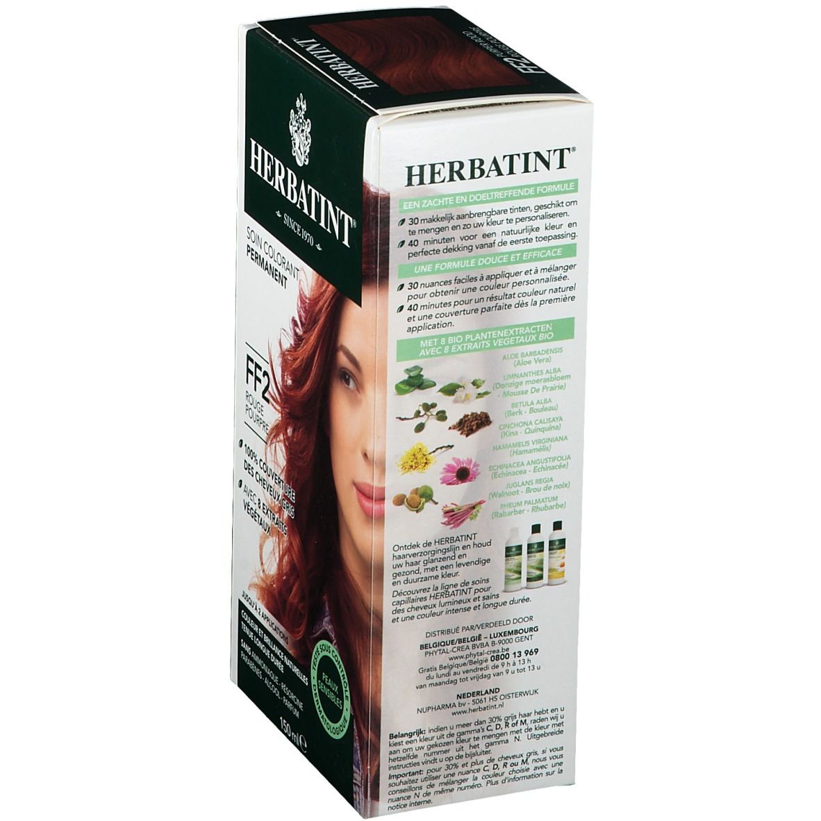 Boîte HERBATINT® FF2 Rouge Pourpre, dos. Soin colorant permanent. Ingrédients, instructions. 100% couverture des cheveux gris. 8 extraits végétaux. 150ml. Peaux sensibles.