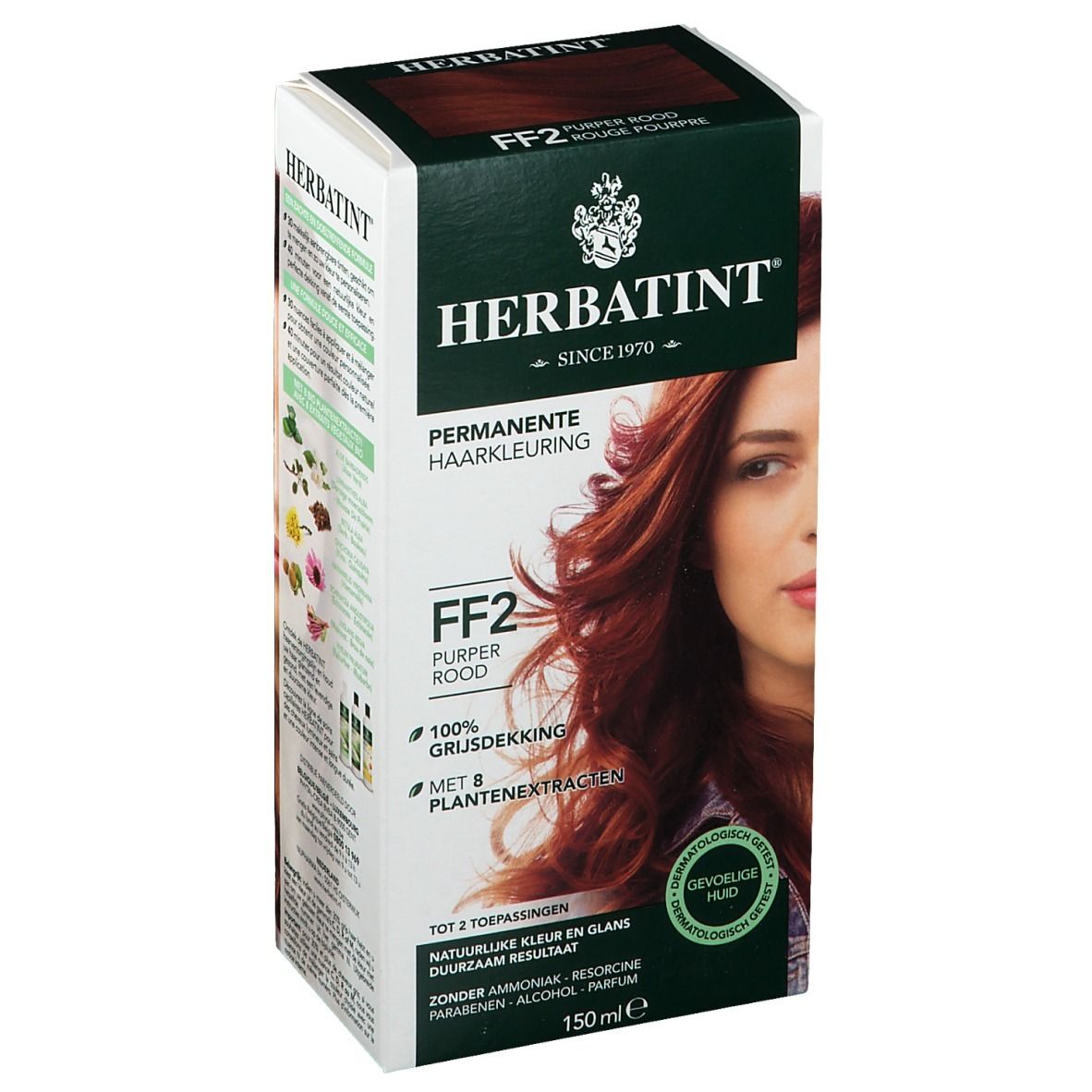Boîte HERBATINT® FF2 Rouge Pourpre. Coloration permanente. Femme aux cheveux rouges. 100% couverture des cheveux gris. 150ml. Peaux sensibles. Instructions.