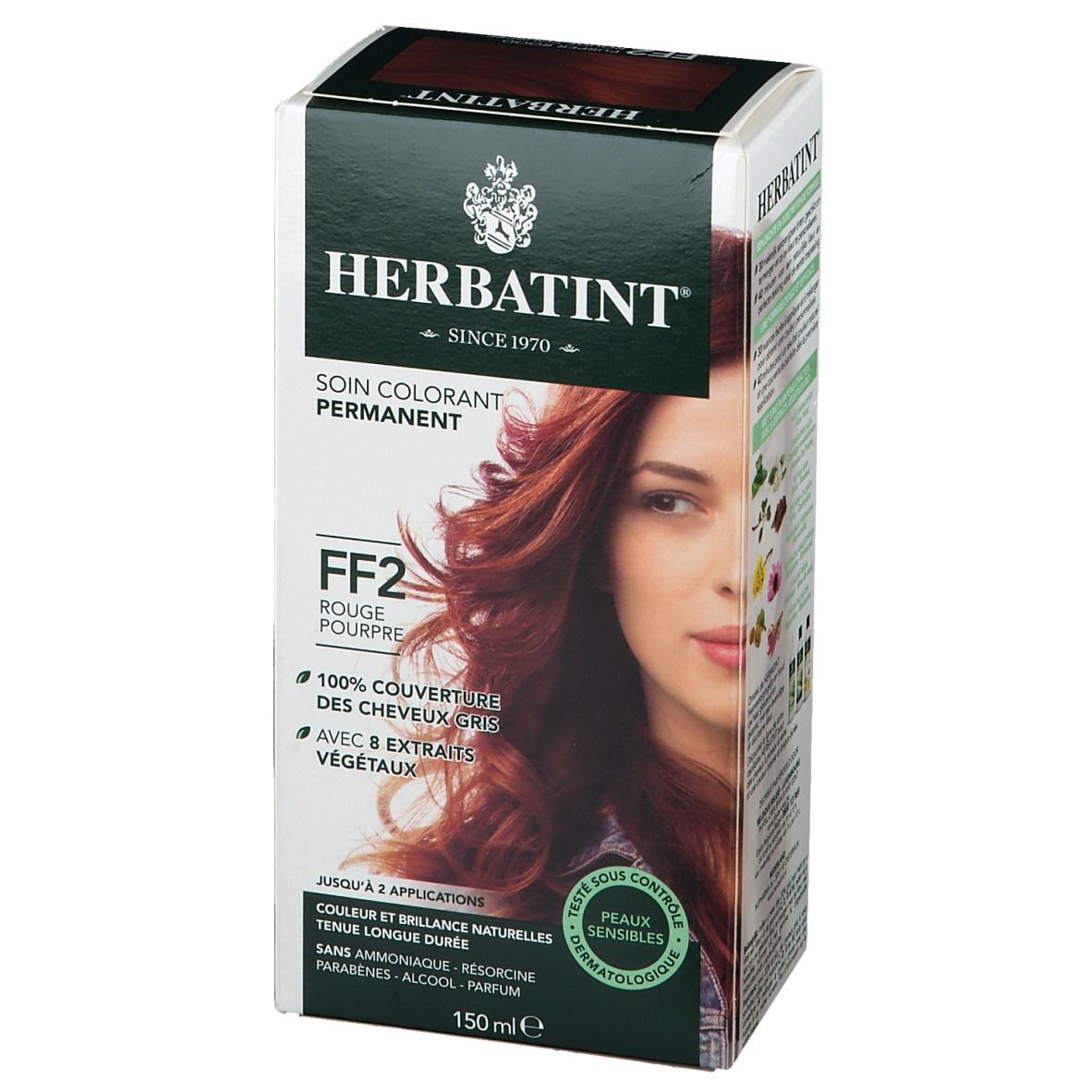 Boîte HERBATINT® FF2 Rouge Pourpre. Coloration permanente. Femme aux cheveux rouges. 100% couverture des cheveux gris. 150ml. Peaux sensibles. Testé dermatologiquement.