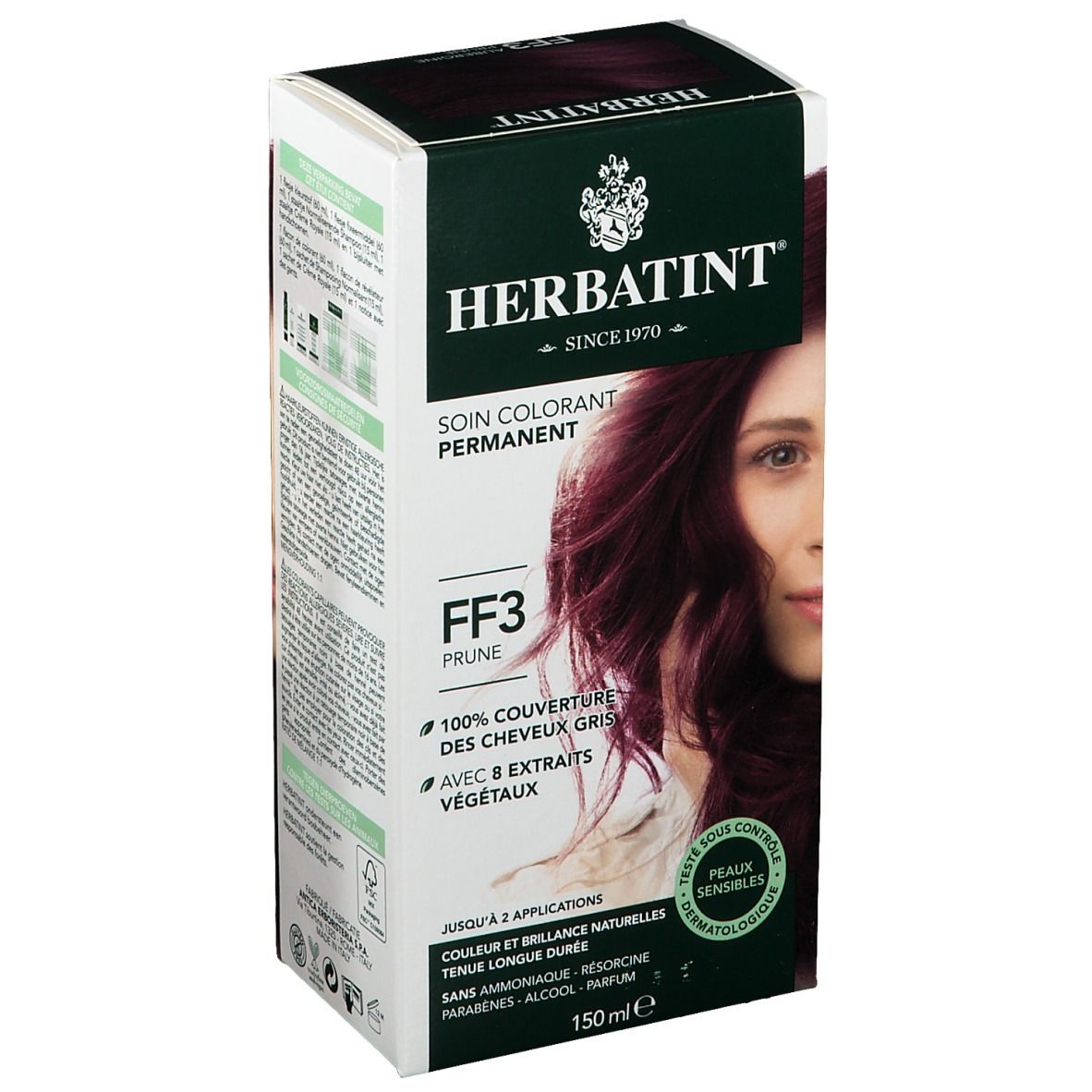 Boîte de coloration capillaire HERBATINT®. FF3 Prune. Couvre 100% des cheveux gris. Avec extraits végétaux. Peaux sensibles. 150 ml.