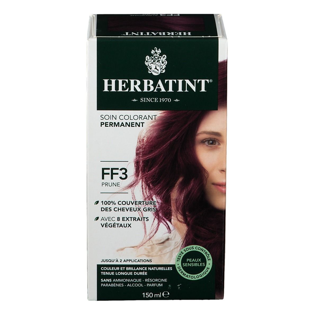 Boîte de coloration capillaire HERBATINT®. FF3 Prune. Couvre 100% des cheveux gris. Avec extraits végétaux. Peaux sensibles. 150 ml.