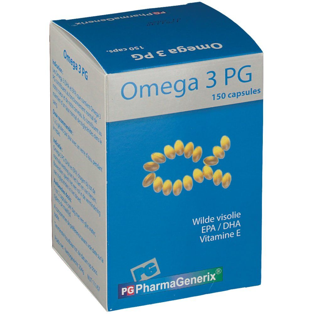 Blau-weiße Schachtel mit "Omega 3 PG" und "150 capsules" Aufschrift. Gelbe Kapseln bilden ein Alpha-Symbol. "PG PharmaGenerix" Logo.