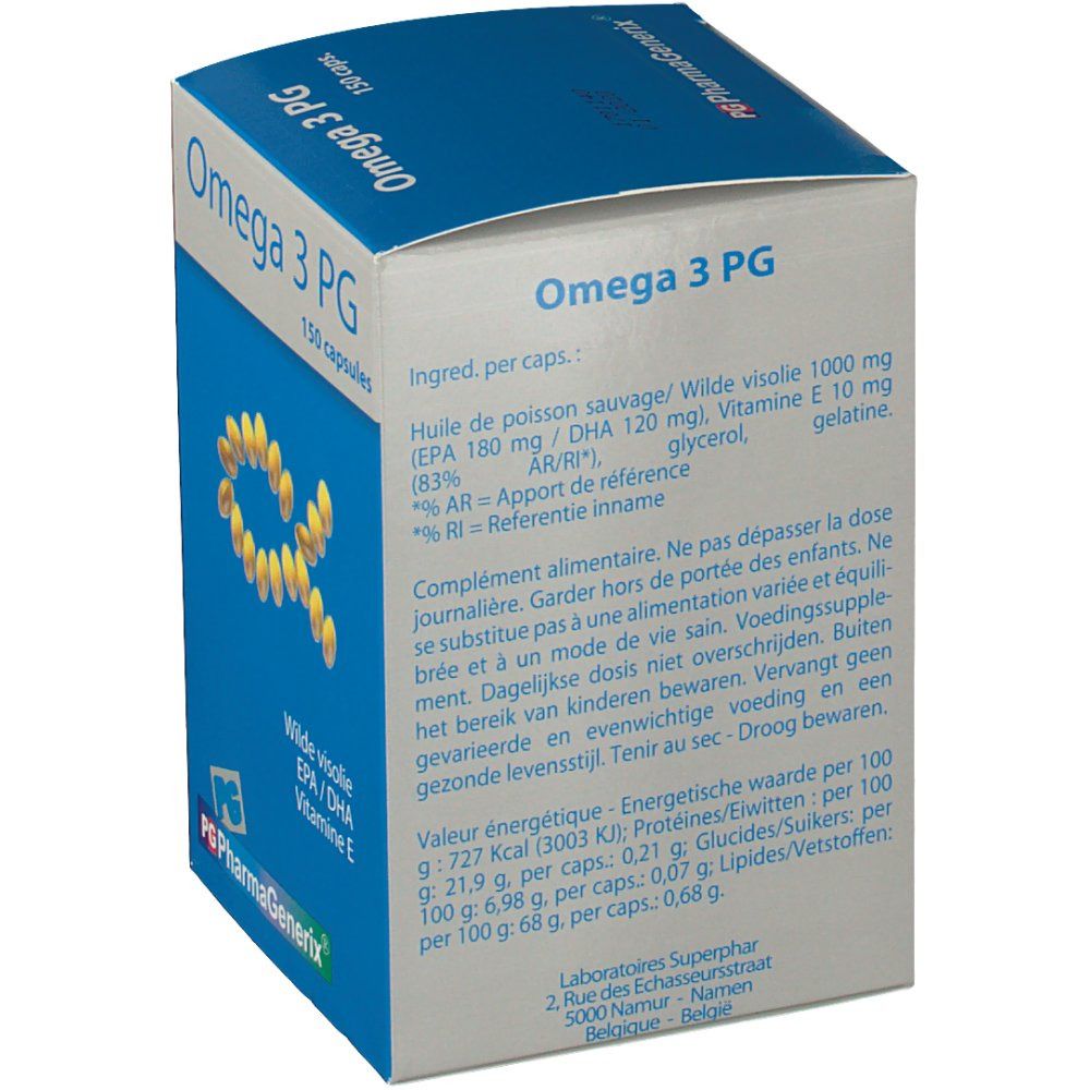Rückseite der "Omega 3 PG" Schachtel. Text über Inhaltsstoffe, Nährwerte und Hersteller. Gelbe Kapseln bilden ein Alpha-Symbol.
