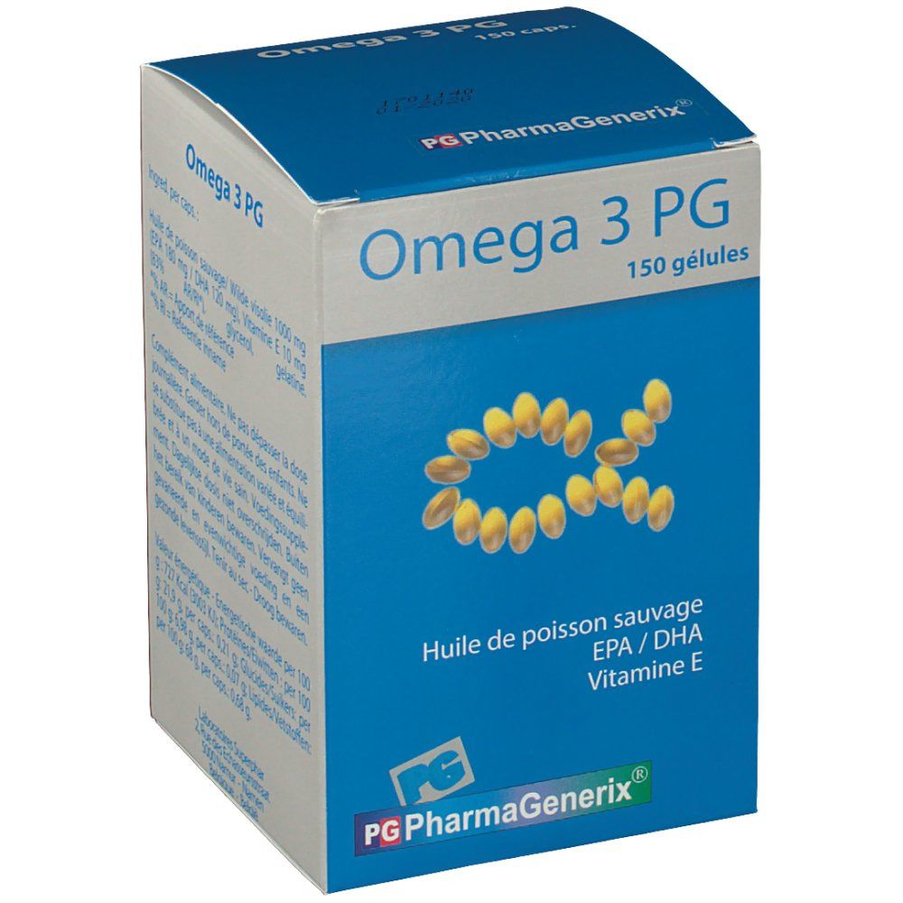 "Omega 3 PG" Schachtel mit "150 gélules" Aufschrift. Gelbe Kapseln bilden ein Alpha-Symbol. "PG PharmaGenerix" Logo.