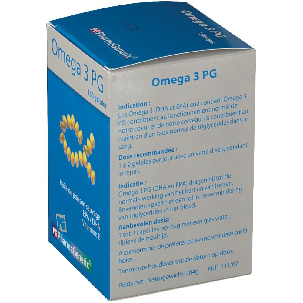 Rückseite der "Omega 3 PG" Schachtel. Text über Anwendung und Dosierung. Gelbe Kapseln bilden ein Alpha-Symbol. "PG PharmaGenerix" Logo.