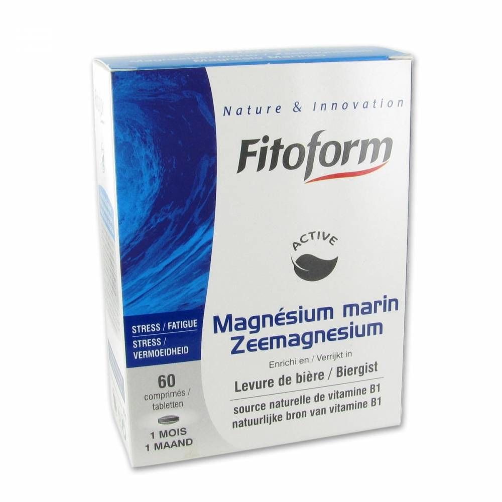 Weißer Karton mit "Fitoform"-Logo und Produktnamen "Magnésium marin". Enthält 60 Tabletten. Text in Deutsch, Französisch und Niederländisch.