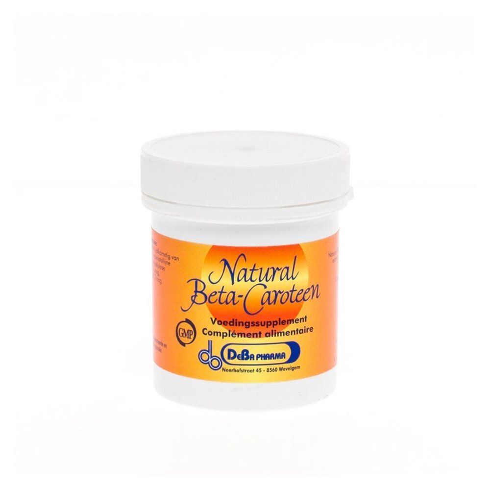 Pot blanc avec inscription 'Natural Beta-Caroteen' et 'DeBa Pharma', 120 V-capsules.