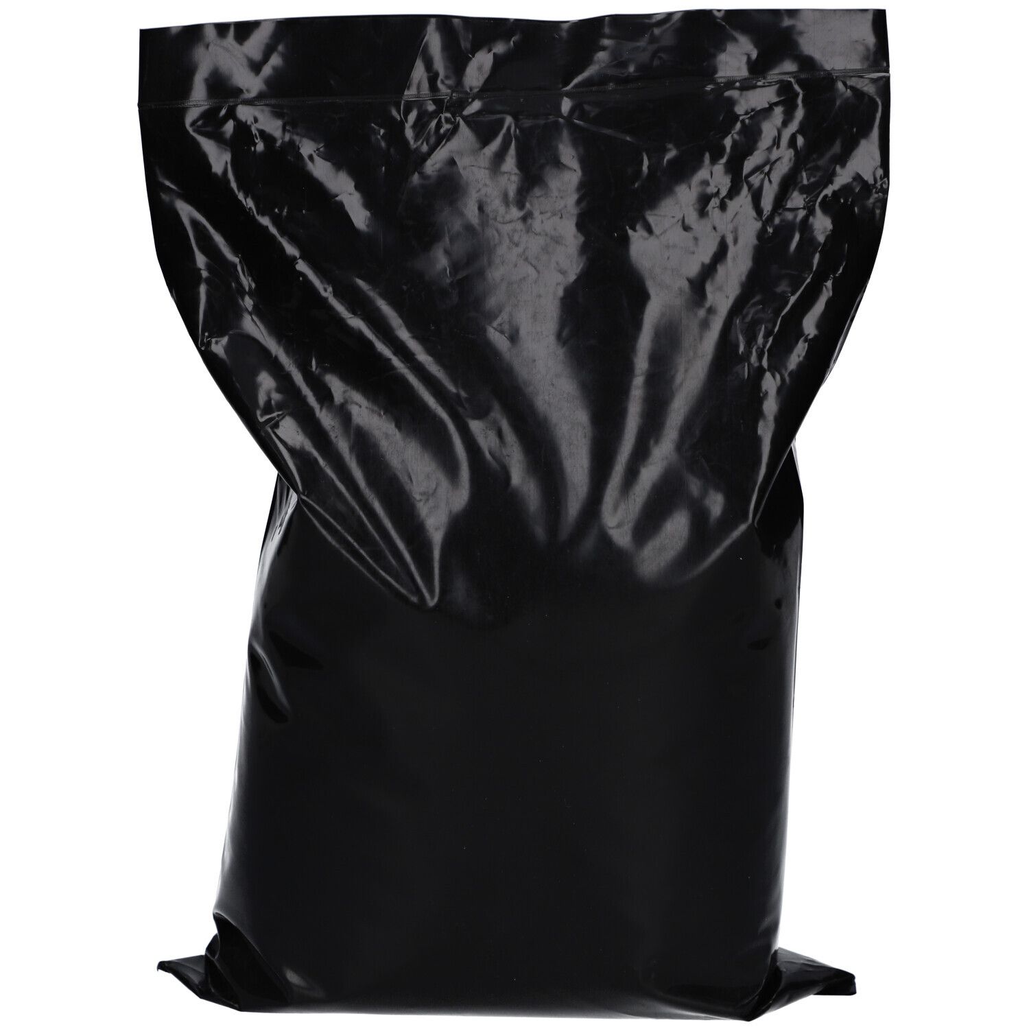 Schwarzer, leerer Beutel. Der Beutel ist aus glänzendem Material und leicht zerknittert.