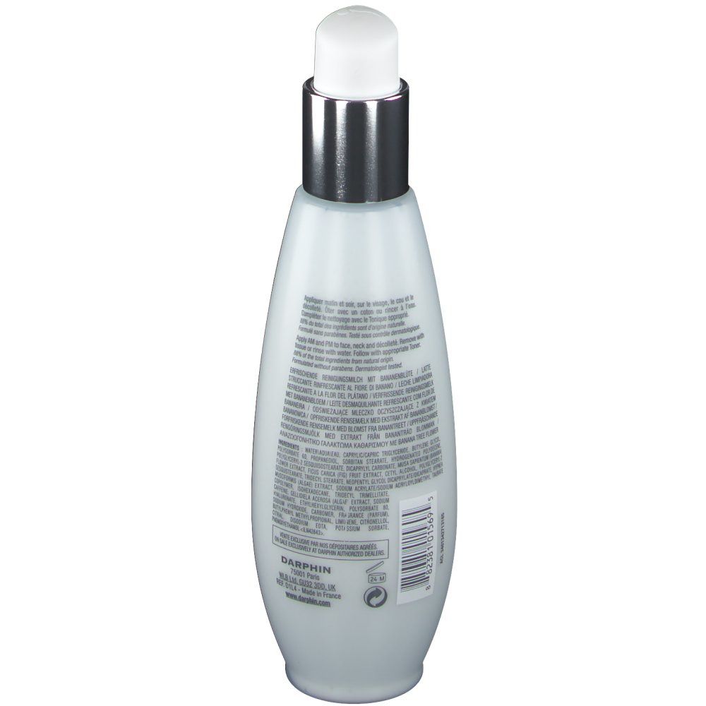 Weißliche Flasche mit silbernem Pumpkopf. Rückseite mit Text und Barcode.